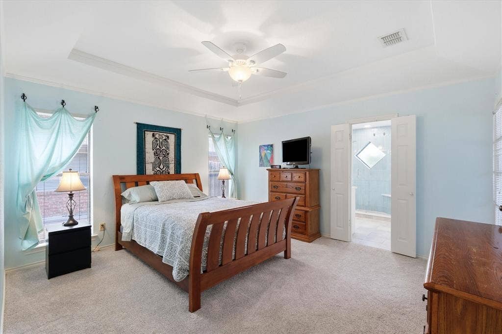 642 Eagle Drive, Coppell, TX 75019 Primary bedroom with new carpet. The carpet was replaced in June 2026.
