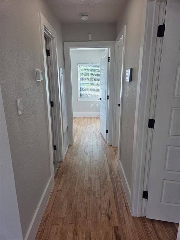 2329 Cass Street, Fort Worth, TX 76112 Hallway featuring wood-finish flooring, light-toned wall paint, white trim, and white paneled doors with black hardware