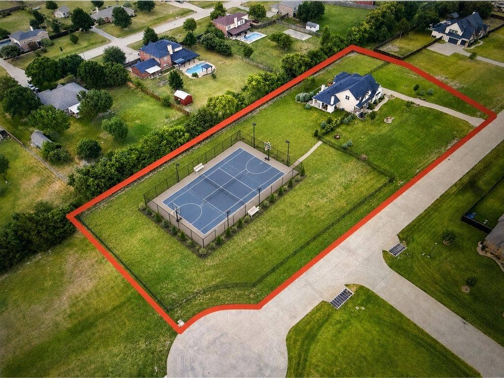 build this sports court on your extra acre-“AI-GENERATED CONCEPTUAL RENDERING. Pool/outbuilding/sports court shown does not currently exist and is presented only to illustrate a possible improvement.”