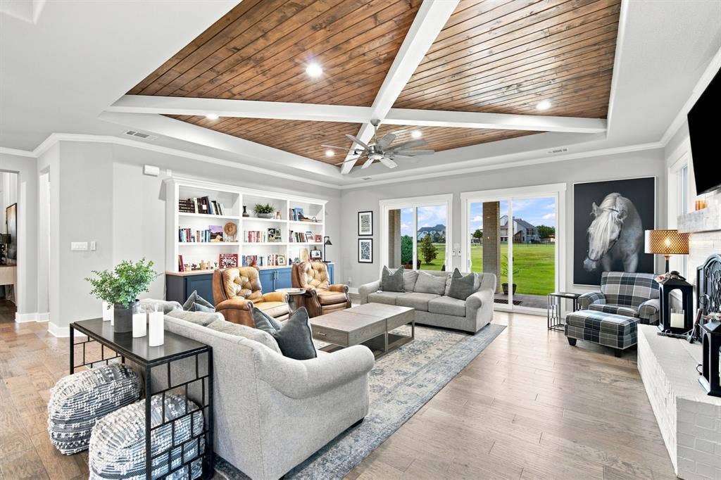 beautiful coffered ceiling and fireplace