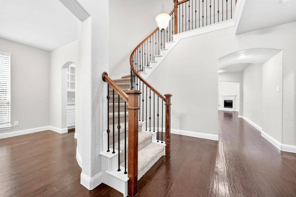 Curved staircase featuring wood handrails, wrought iron balusters, and carpeted treads