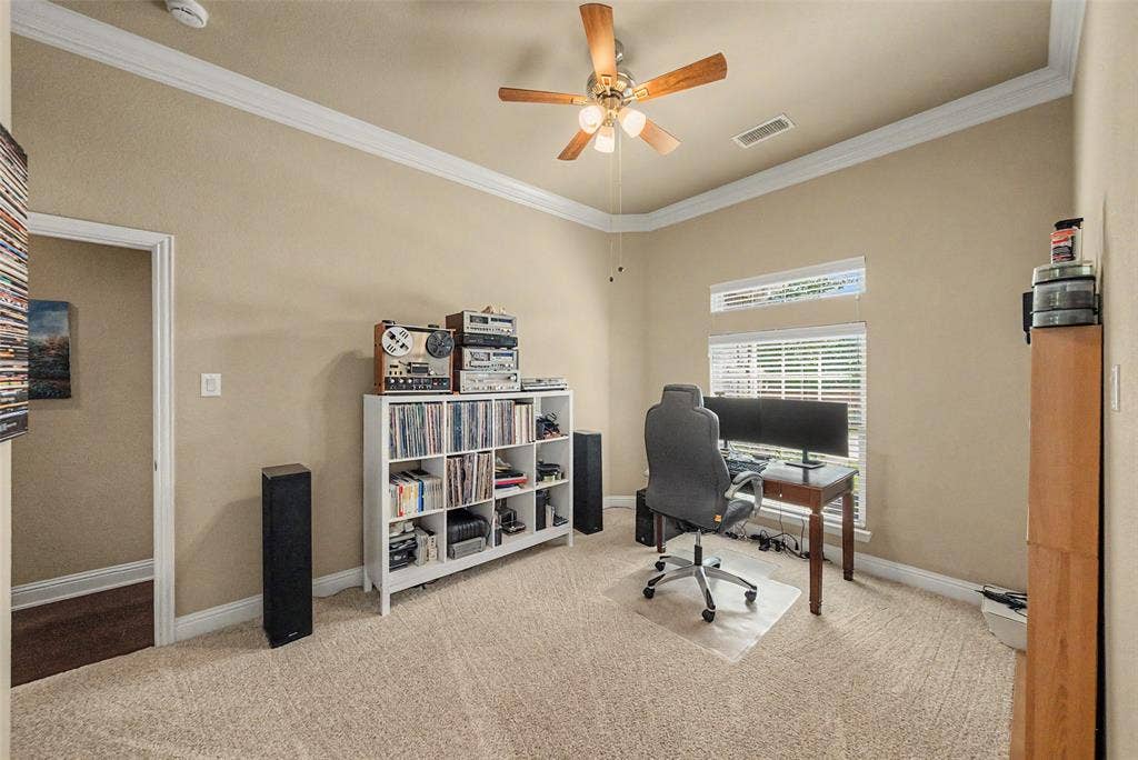 Carpeted room featuring a ceiling fan, crown molding, a window with blinds, and a transom window