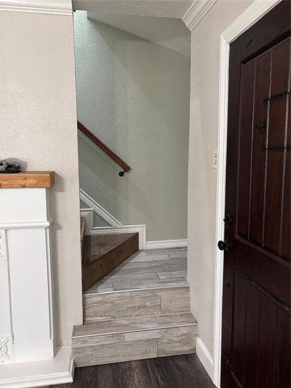 910 NE 31st, Grand Prairie, TX 75050 Entryway featuring a dark wood-finish door, white trim, and a staircase with wood-finish flooring and a wood handrail