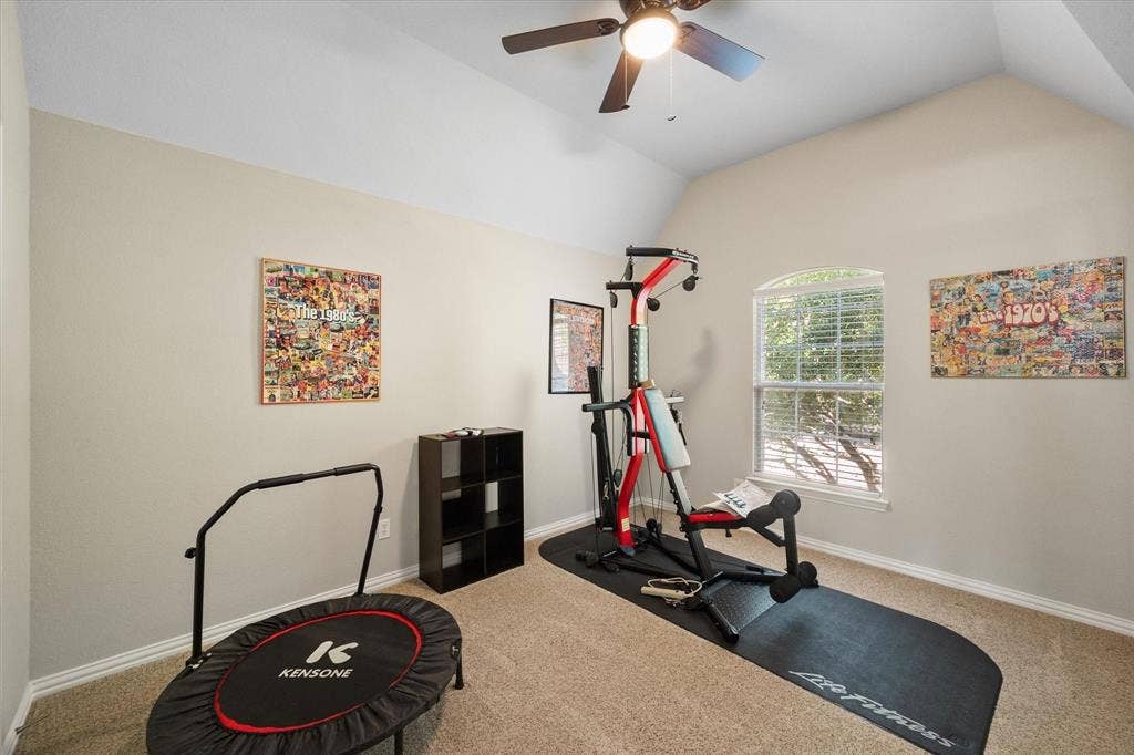 12032 Terrazzo Lane, Frisco, TX 75035 Bedroom with a ceiling fan, a window with horizontal blinds, and carpeting