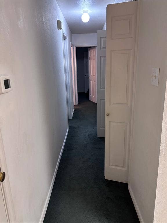 9656 Stonewood Drive, Dallas, TX 75227 Hallway with deep green carpet flooring, white walls, and white paneled doors
