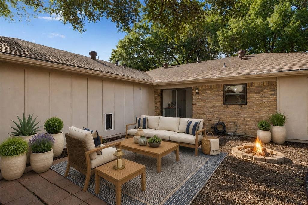 3624 Churchill Lane, Plano, TX 75075 Envision relaxed mornings and evening gatherings in this private backyard retreat with multiple areas for seating and entertaining.Virtually Staged -- original image may have been altered by AI.