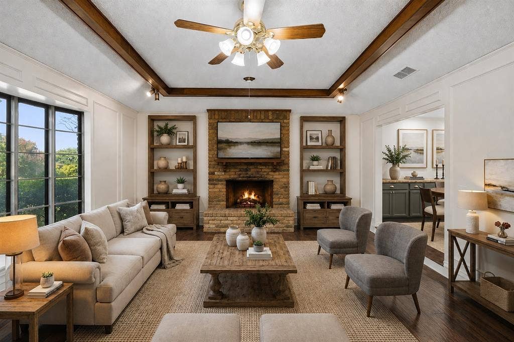 3624 Churchill Lane, Plano, TX 75075 A floor-to-ceiling brick fireplace anchors the family room, complemented by exposed wood beams, paneled walls and rich hardwood flooring.Virtually Staged -- original image may have been altered by AI.