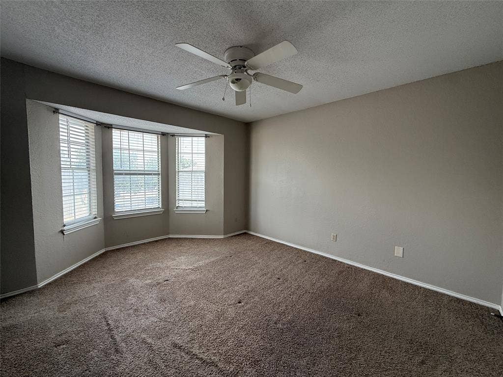 Empty room with a ceiling fan, healthy amount of natural light, carpet floors, and a textured ceiling