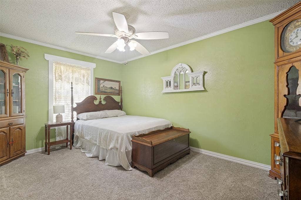 906 Clearview Street, Krum, TX 76249 Carpeted bedroom featuring a ceiling fan, crown molding.