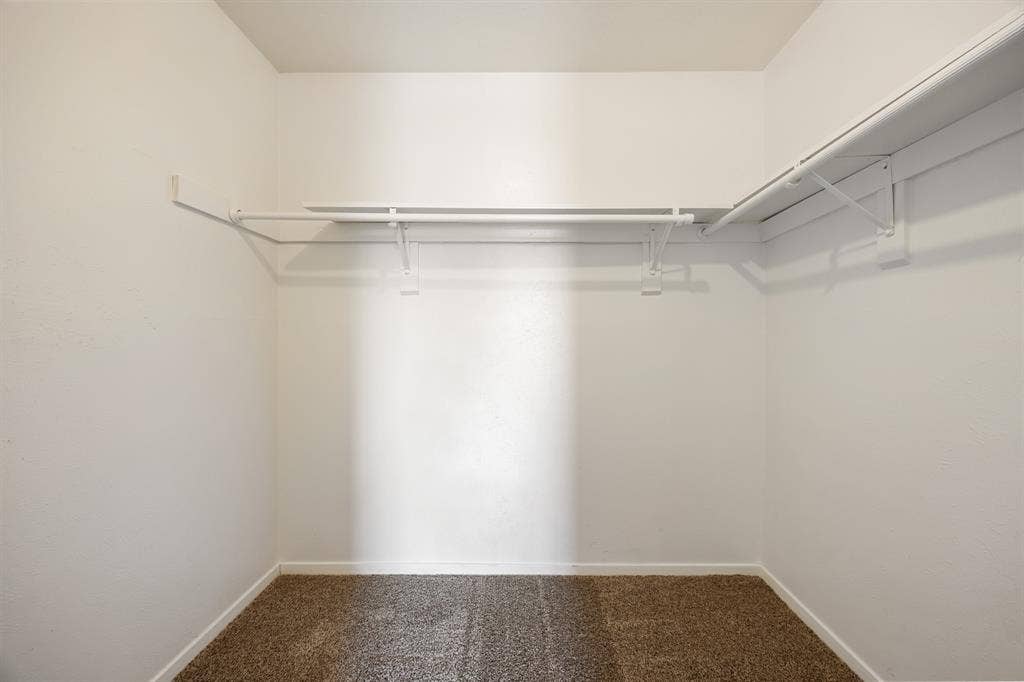 1 E Mountain Lane, #33, Grand Prairie, TX 75052 Interior closet featuring a built-in shelving system and hanging rods, neutral wall color, and carpeted flooring