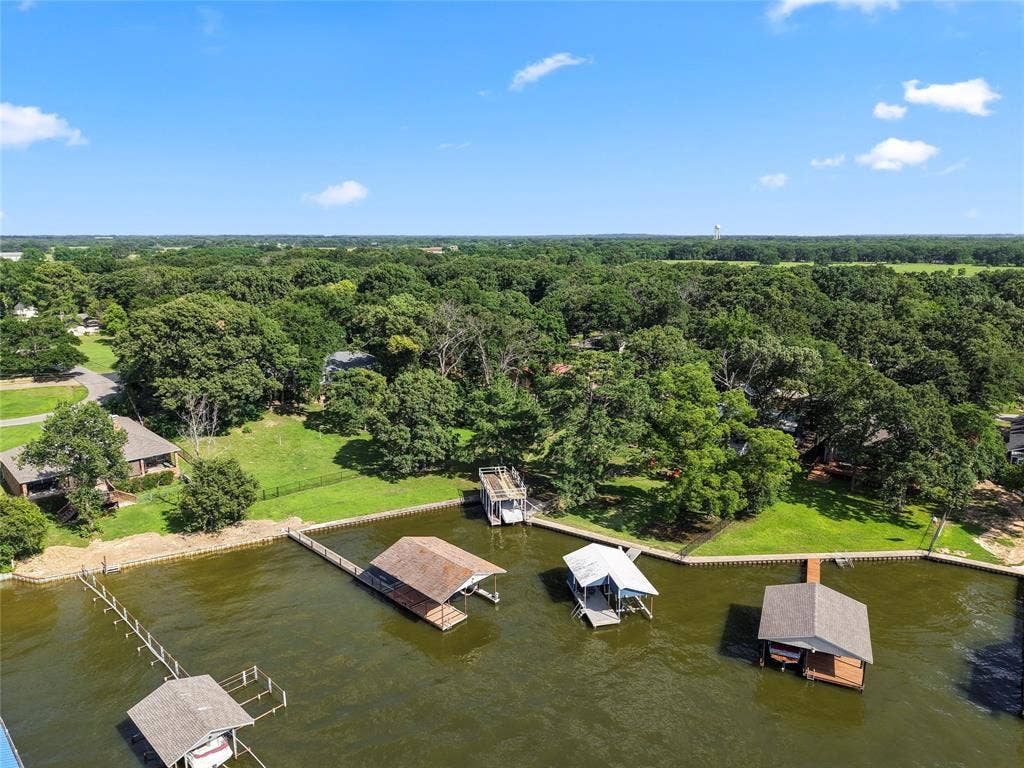 323 Dyer Circle, Payne Springs, TX 75156 Waterfront property featuring multiple boat docks, mature trees, and a clear blue sky