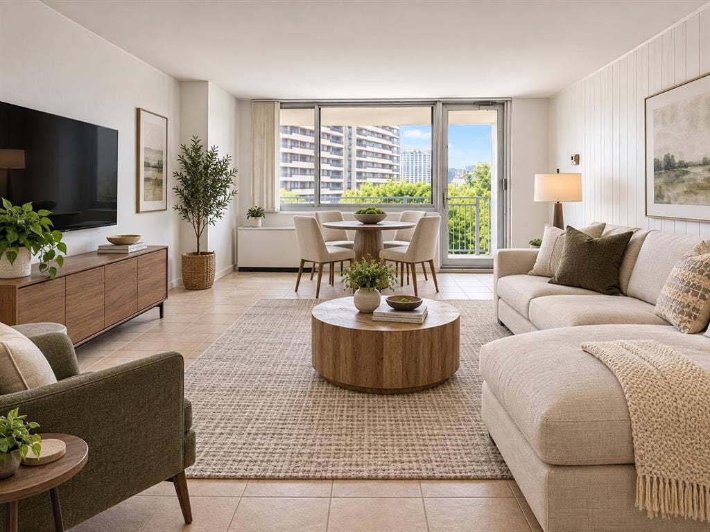 Virtually staged - large living room - view to terrace