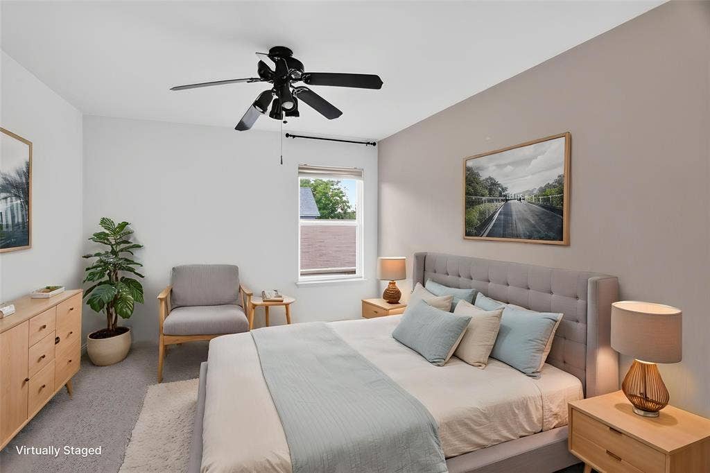 4243 Millview Lane, Dallas, TX 75287 One of two bedrooms 2nd floor is fully carpeted, ceiling fan-light combination, neutral walls, full size closet. Room has a separate bathroom sink, dressing area supported by the Jack N Jill bath