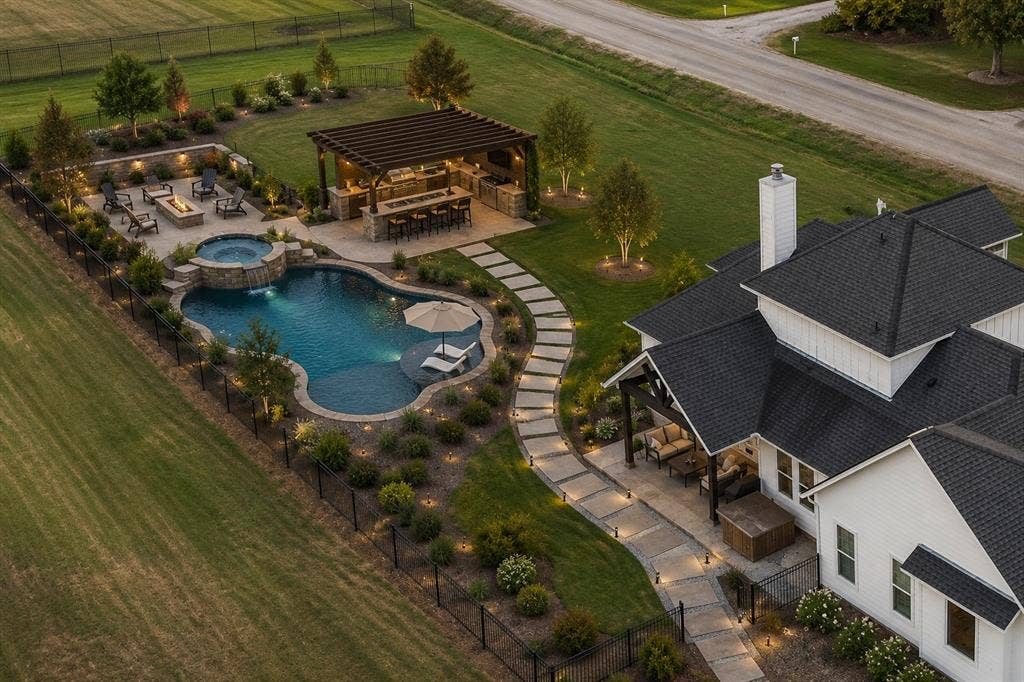 12961 County Road 574, Farmersville, TX 75442 Twilight AI GENERATED IMAGE of a dreamy backyard oasis.