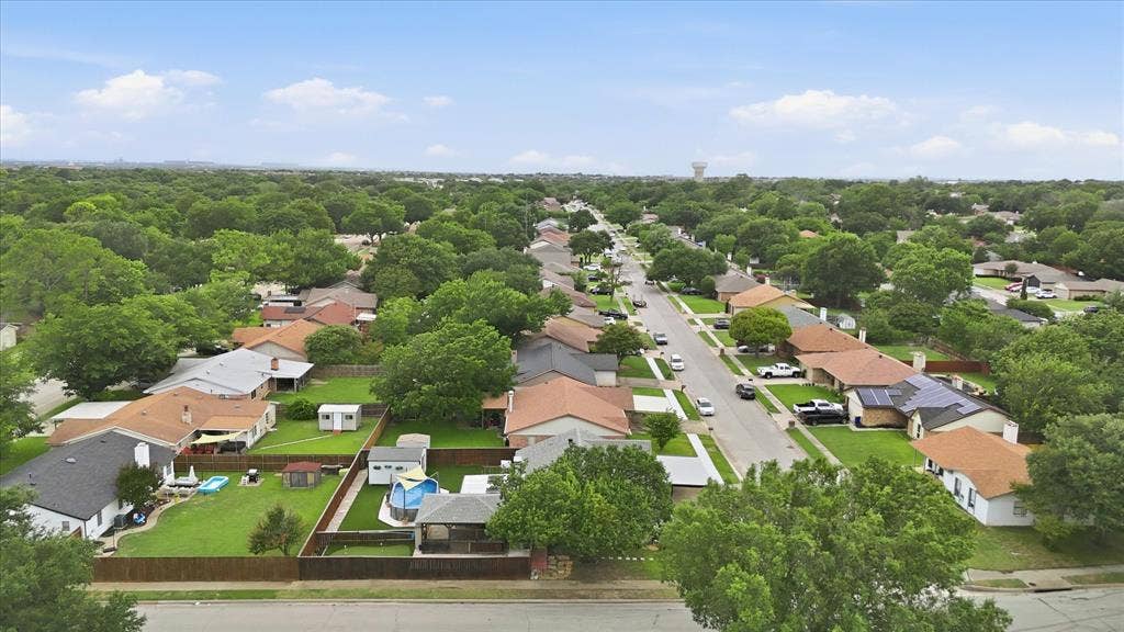 6572 Ridglea Drive, Watauga, TX 76148 Aerial perspective showcasing a residential street lined with mature trees