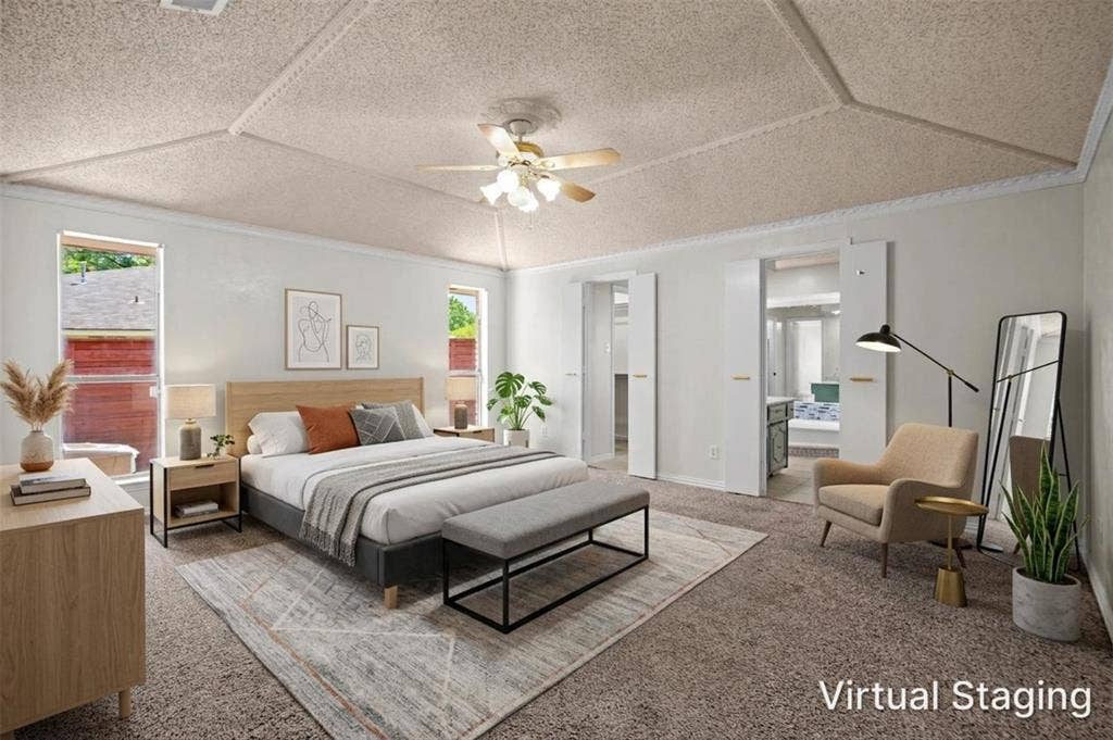 1315 Winding Brook Drive, DeSoto, TX 75115 Vaulted ceiling with a ceiling fan, dual windows, and wall-to-wall carpeting