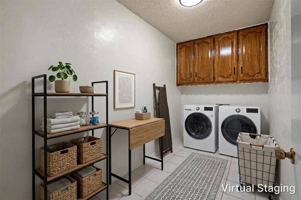 1315 Winding Brook Drive, DeSoto, TX 75115 White tile flooring, overhead wood-finish cabinetry, and a ceiling-mounted light fixture