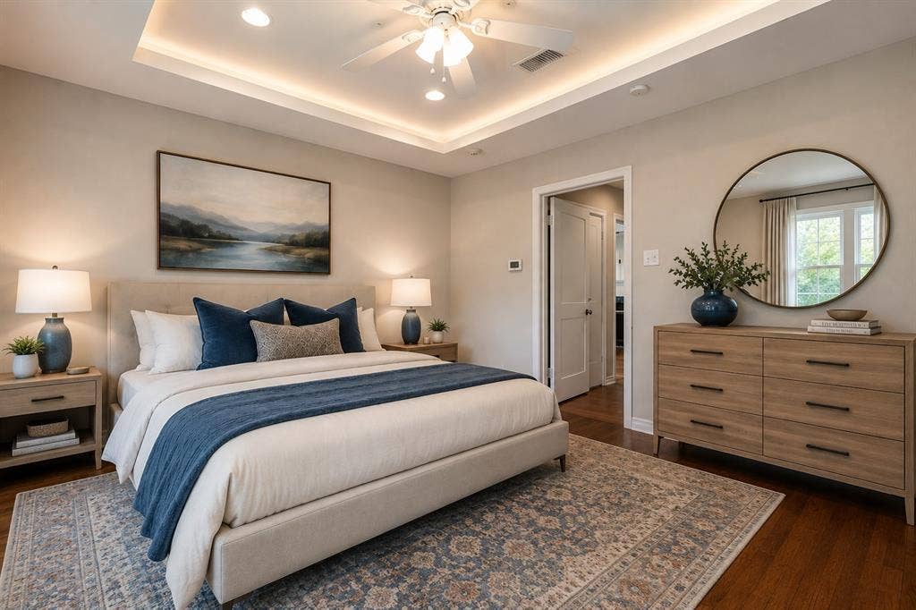 Primary bedroom imagined as an adult sanctuary.