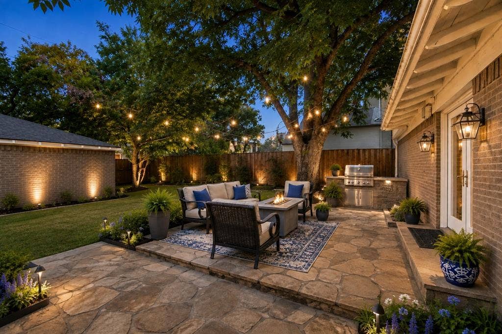 We envision the back yard oasis like this with the addition of a grill and some changes in the shrubbery.