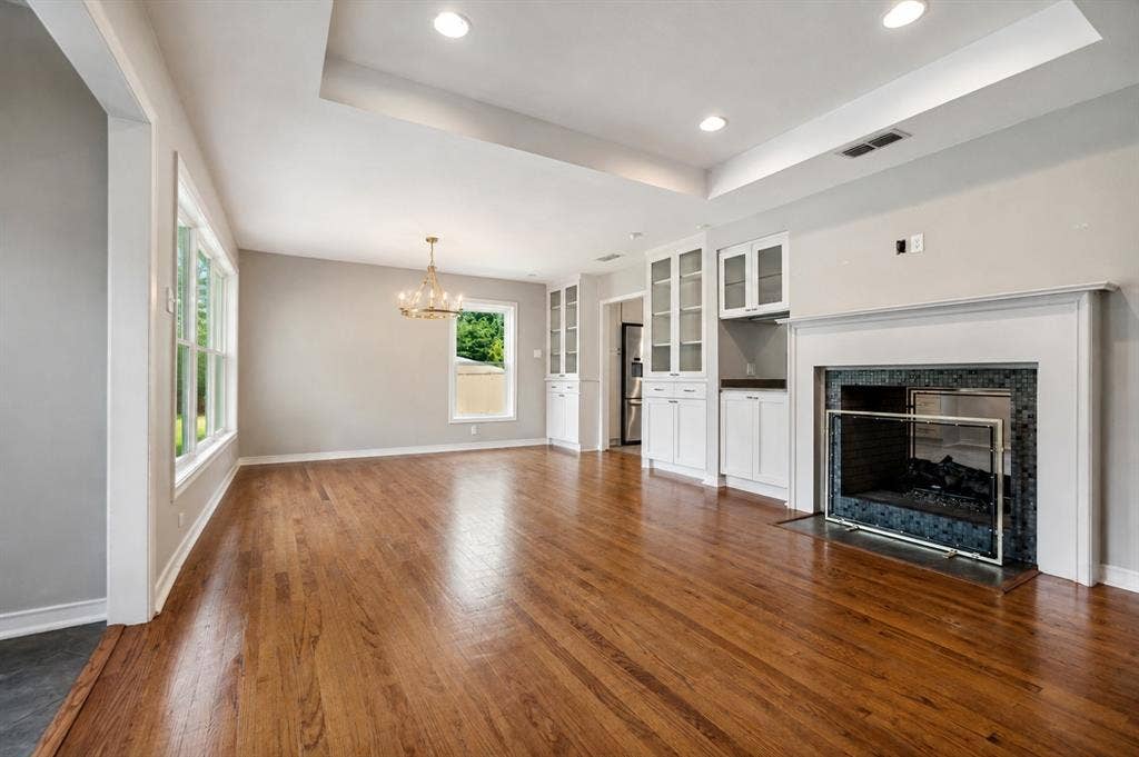 See thru fireplace is the focal point of this wonderful space.