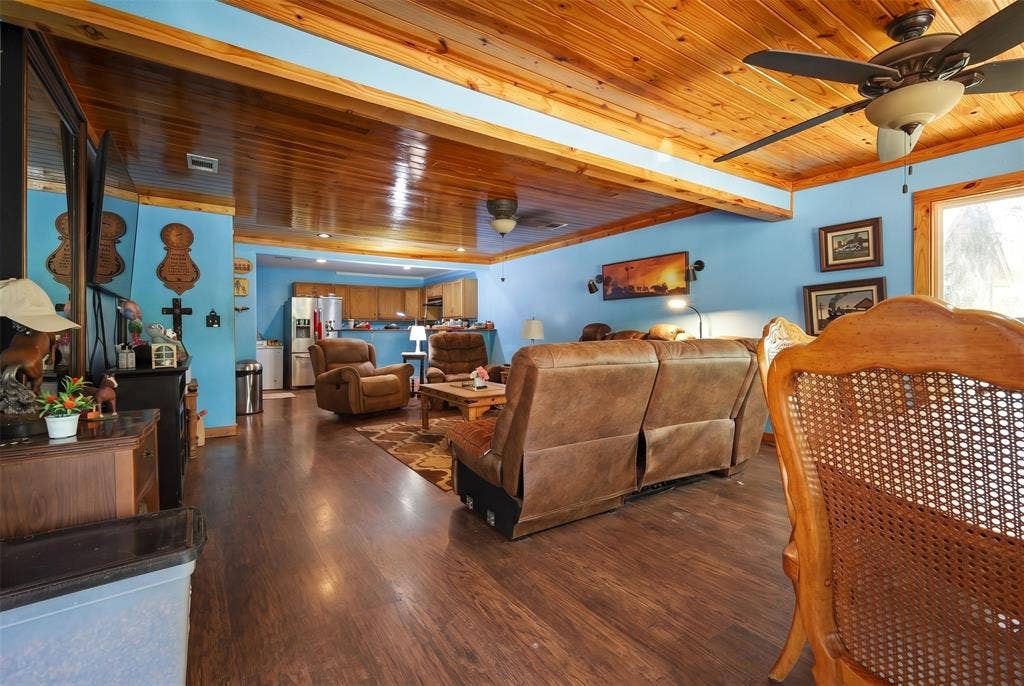 28300 County Road 2100, Kemp, TX 75143 Open-concept living area featuring wood-finish flooring, a wood-plank ceiling, and recessed lighting