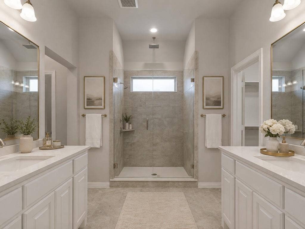 12464 Lost Valley Drive, Frisco, TX 75035 Virtually Staged Symmetrical bathroom featuring a central glass-enclosed shower, dual vanities with white cabinetry, integrated sinks, and light-toned countertops