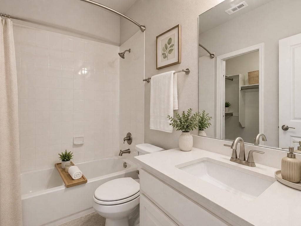 12464 Lost Valley Drive, Frisco, TX 75035 Virtually Staged Bathroom featuring a white vanity with a rectangular undermount sink, a large mirror, and a full-size bathtub with a tile surround and brushed nickel fixtures