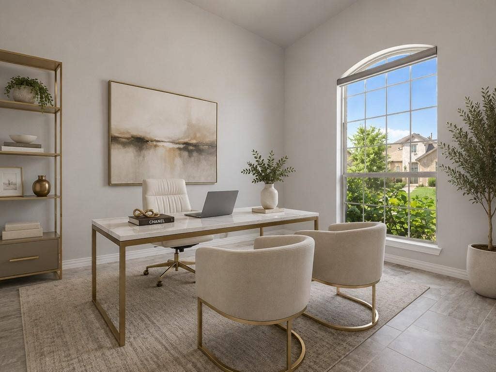 12464 Lost Valley Drive, Frisco, TX 75035 Virtually Staged Dedicated room featuring an arched window, tile flooring, and light wall tones