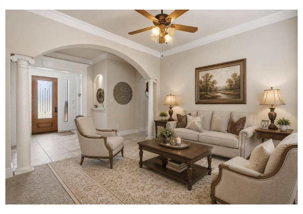 5030 Monroe Court, Midlothian, TX 76065 Living area featuring crown molding, arched doorways, and a ceiling fan with integrated lighting - Virtually staged with AI