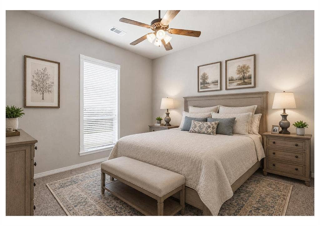 5030 Monroe Court, Midlothian, TX 76065 Carpeted bedroom featuring a window with horizontal blinds, a ceiling fan with integrated lighting, and neutral wall tones - virtually staged with AI