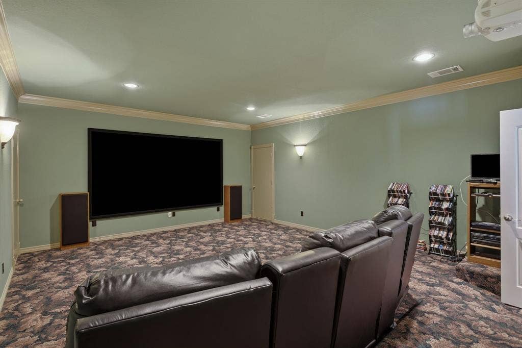 5030 Monroe Court, Midlothian, TX 76065 Dedicated media room featuring a large projection screen, recessed ceiling lighting, and wall sconces