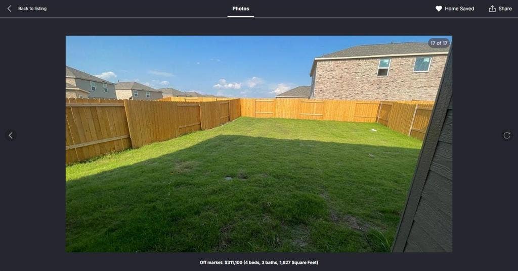 1323 windermere Way, Princeton, TX 75407 Expansive backyard featuring a manicured lawn, full wood privacy fence, and partial brick exterior of the residence