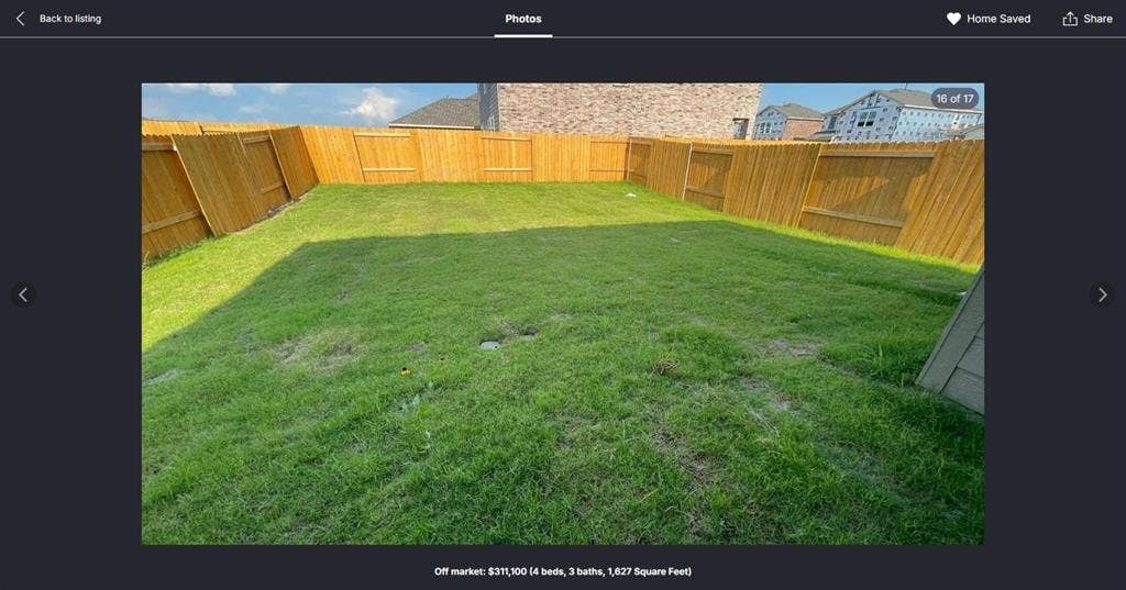 1323 windermere Way, Princeton, TX 75407 Expansive backyard featuring a manicured lawn, full perimeter wood fencing, and a visible portion of the home's exterior siding