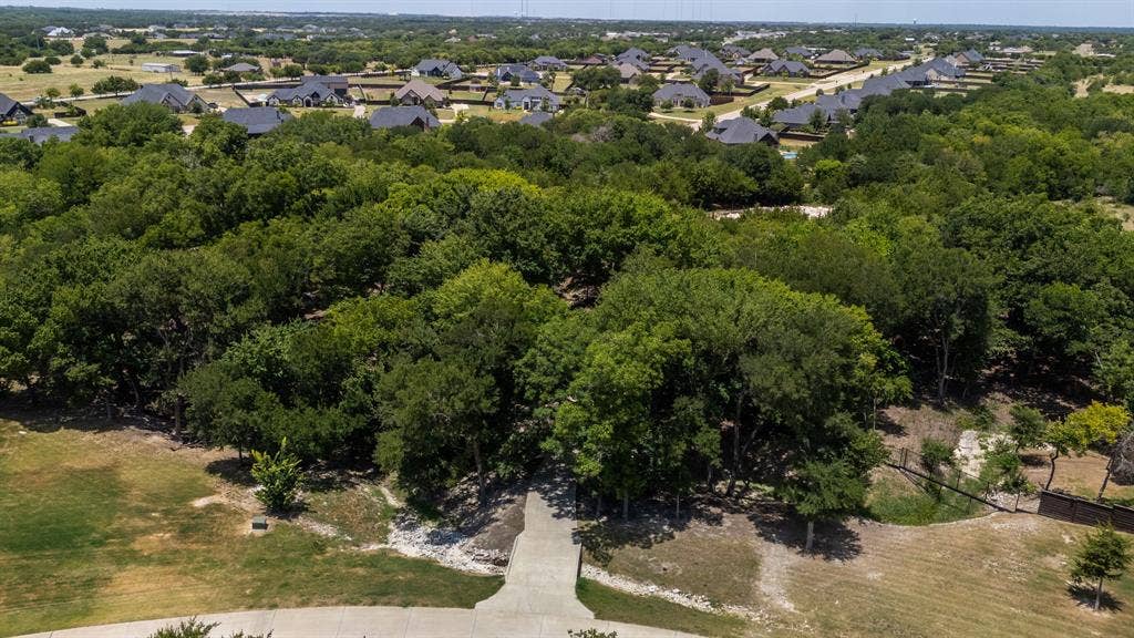 Expansive treed lot featuring a concrete driveway, surrounding green spaces, and a privacy fence
