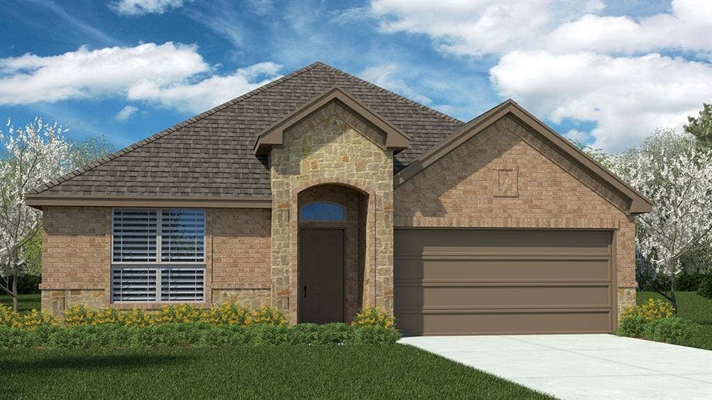1449 CANTERBURY Trail, DeSoto, TX 75115 Front Elevation - D.R. Horton's Carlsbadfloorplan Elevation H - All Home and community information, including pricing, included features, terms, availability and amenities, are subject to change at any time without notice or obligation. All Drawings, pictures, photographs, video, square footages, floor plans, elevations, features, colors and sizes are approximate for illustration purposes only and will vary from the homes as built.
