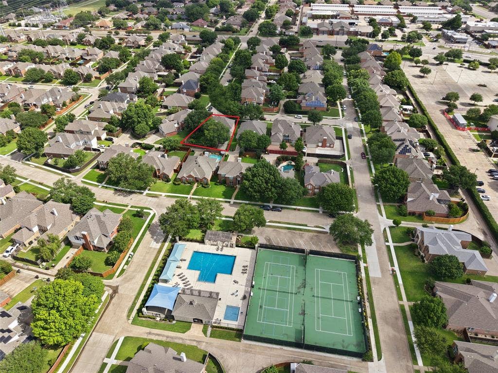 4112 Blackpool Drive, Plano, TX 75093 Aerial perspective highlighting a residential neighborhood with tree-lined streets