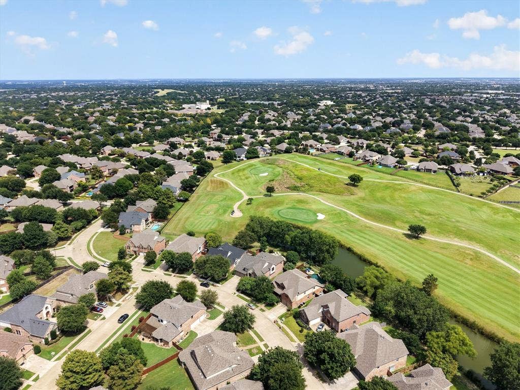 8405 Gallery Way, McKinney, TX 75072 Aerial representation of a residential area showcasing properties with mature trees and a golf course