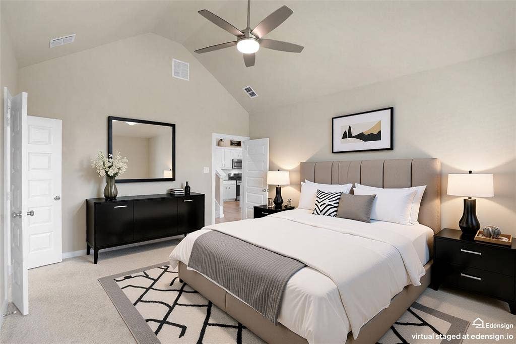 919 Edgehurst Drive, Princeton, TX 75071 Carpeted room featuring a vaulted ceiling with a ceiling fan