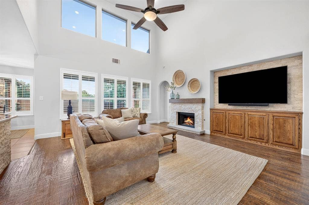 Gorgeous stone wall and fireplace!