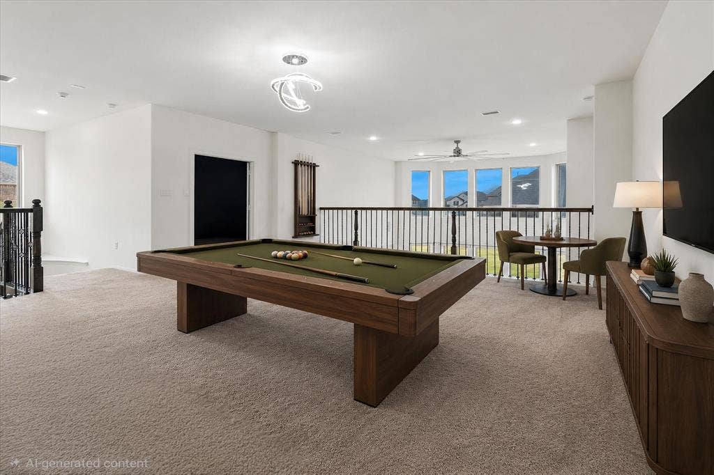 1650 Chisholm Trail, Prosper, TX 75078 Spacious loft area featuring plush carpeting, a modern billiard table, and an ornate ceiling light fixture
