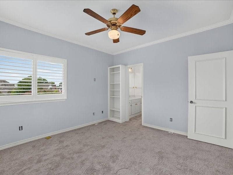 5201 Windjammer Road, Plano, TX 75093 Light blue interior with crown molding and grey carpeting