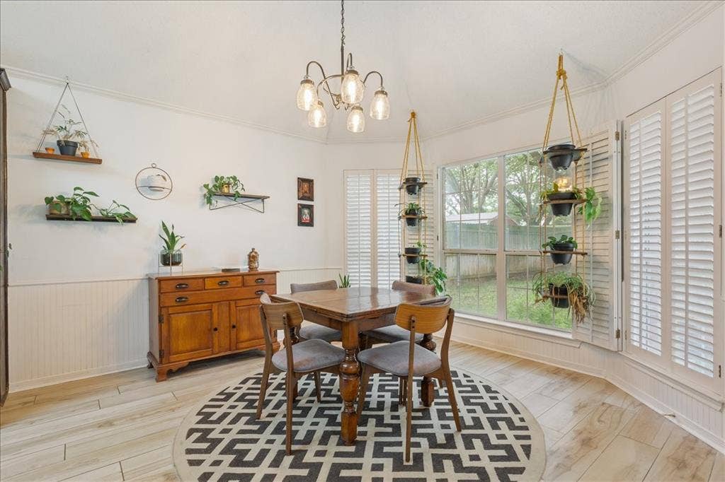 10308 Eagle Mountain Drive, Waco, TX 76712 Dining area featuring a bay window with plantation shutters, wood-finish flooring, and wainscoting