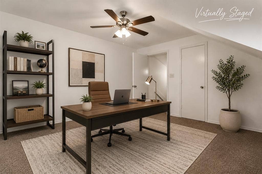 3318 Wells Drive, Plano, TX 75093 Versatile room featuring an angled ceiling, soft carpeting, and a ceiling fan