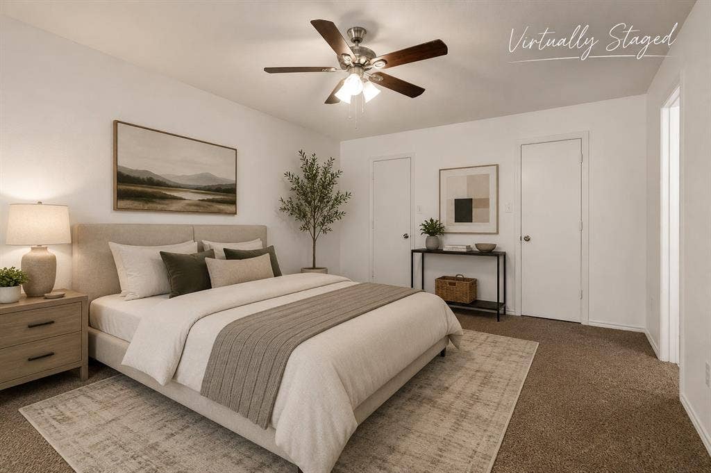 3318 Wells Drive, Plano, TX 75093 Spacious room featuring neutral paint, soft carpet flooring, and a ceiling fan with integrated lighting