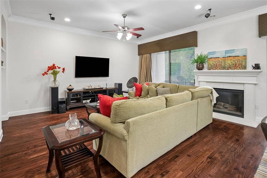 One of the home's fireplaces accents the living room.