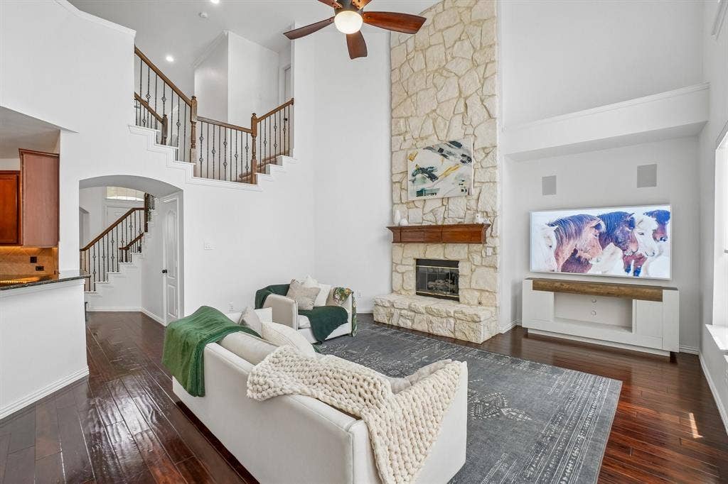 1380 Southern Pines Drive, Rockwall, TX 75087 Family room with stone fireplace