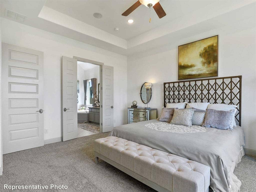 4359 Michigan Avenue, Midlothian, TX 76065 Carpeted sleeping area with a tray ceiling and ceiling fan
