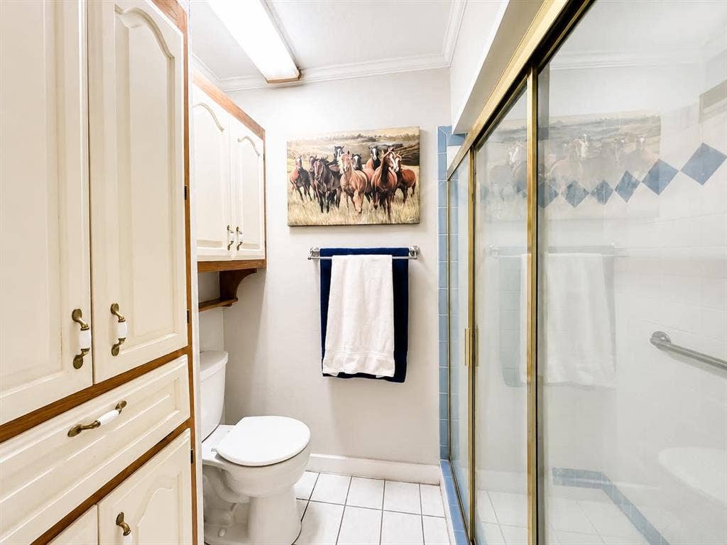 7761 Fm 2494, Athens, TX 75751 White tile flooring bathroom featuring a built-in linen cabinet with cream-colored doors and wood-finish trim, a toilet, a gold-framed glass shower enclosure, and white tiled shower walls with blue diamond accents