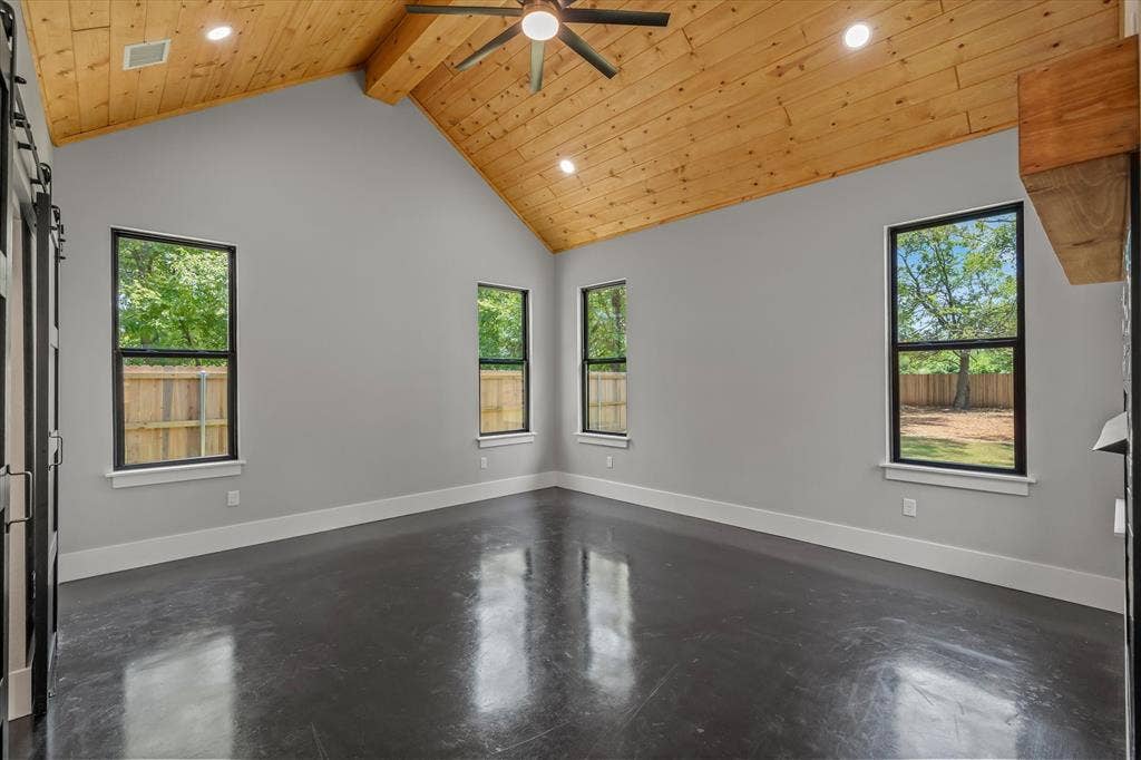 12253 Madison Xing, Bullard, TX 75757 Room featuring a vaulted wood-paneled ceiling, recessed lighting, and a ceiling fan