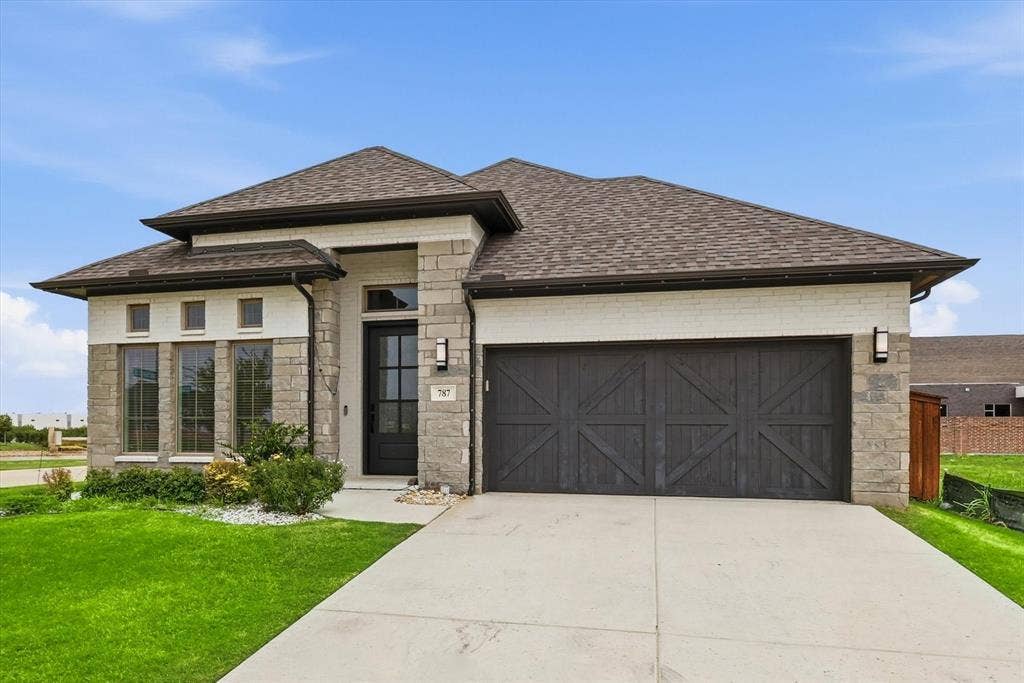 787 Cedarwood Court, Haslet, TX 76052 Contemporary single-story exterior featuring a blend of light-colored brick and stone masonry